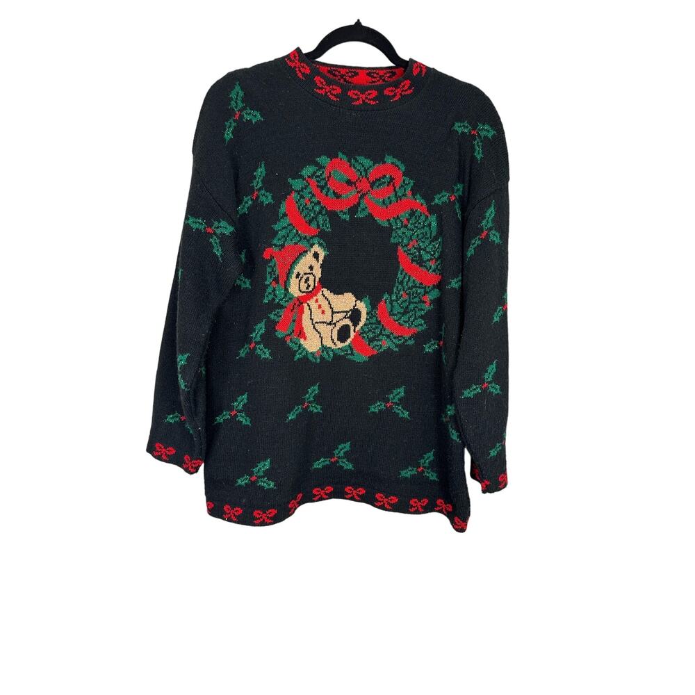 Vintage 80s NutCracker Women’s Knit Christmas Bear Holly Berry Bow Sweater sz M